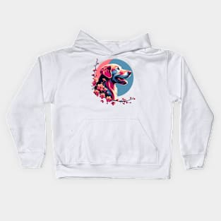 Joyful Flat-Coated Retriever with Spring Cherry Blossoms Kids Hoodie